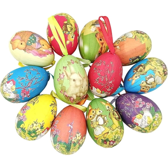 12pcs Vintage Style Paper Mache Foam Egg Hanging Ornaments Easter Decoration