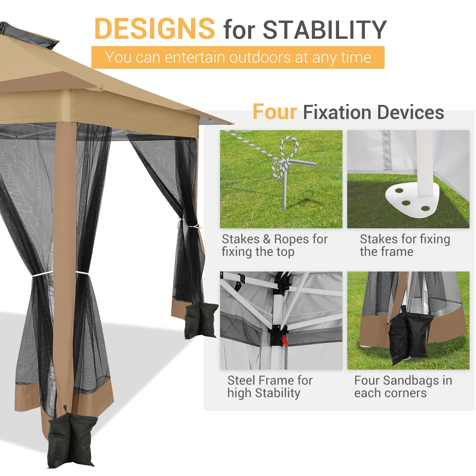 HOTEEL 12' x 12' Outdoor Pop-Up Gazebo Canopy with Mosquito Netting, 2-Tiered Vented Top, 3 Adjustable Heights for Backyard, Garden, Lawn, Brown