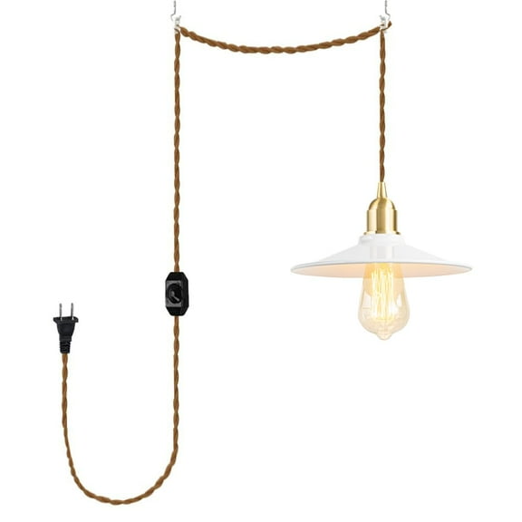 KAYYELAMP Vintage Brass Base White Metal Shade Pendant Light 15ft Plug In Dimmable Cord Industrial Style Hanging Lamp For Dining Room Table Stairs Kitchen(No Bulb)
