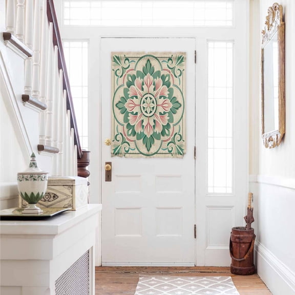 Pink Green Flower Door Curtains for Door Window, French Sidelight Front Back Door Curtains With Tieback, Elegant Spring Floral Abstract Art Kitchen Rod Pocket Drapes Panel, 54"x40"