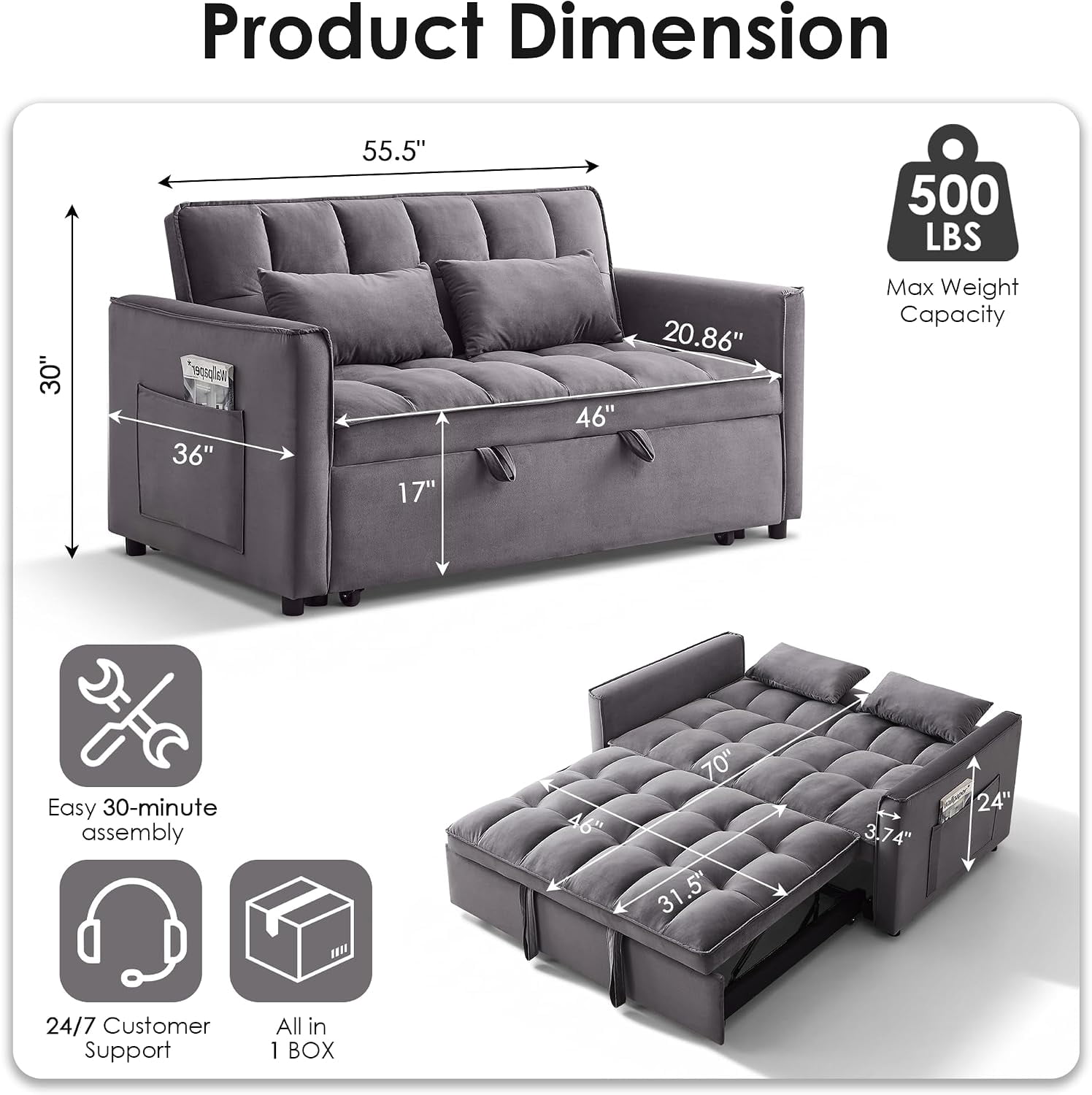 55" 3-in-1 Convertible Loveseat Sleeper Sofa, Velvet, with Pull-Out Bed, Reclining Backrest and Side Pockets, Dark Gray