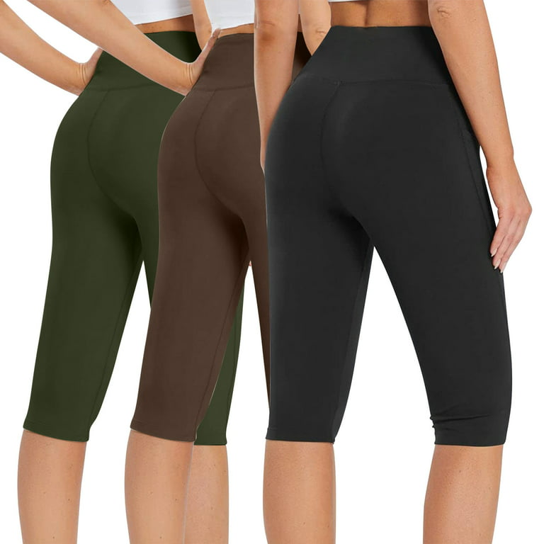 SMihono 3PC Women's Knee Length Leggings High Waist Full Length Long Pants  ed Yoga Workout Exercise Capris For Trendy Casual Summer With Pockets  Female Fashion Brown 12 