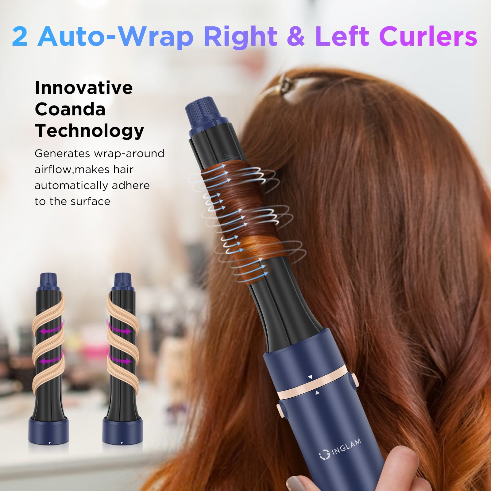 IG INGLAM 6 in 1 Hair Dryer Brush Set with No Heat Damage Air Straightener, 200 Billion Ionic Blow Dryer Brush, High-Speed Hair Dryer Volumizing and Wrap Curlers, Prussian Blue