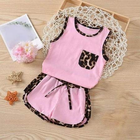Wavsuf Boys Girls Summer Home Shorts Set Casual Sleeveless Vests Shorts Two Piece Set Summer Sleeveless Top Shorts Set 1-6 Years Old Pink Size 4Y