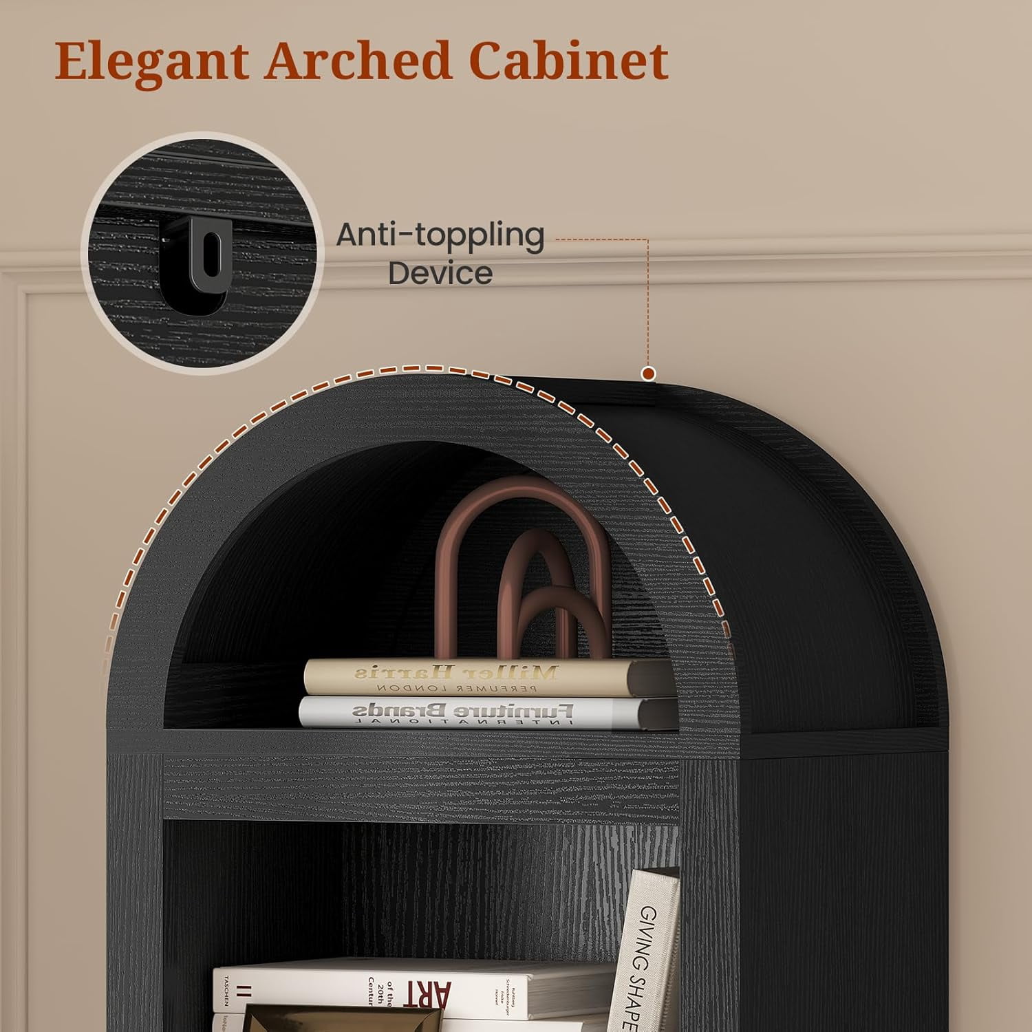 76" Tall Narrow Arched Bookcase, 7-Teir Mid-Century Modern Bookshelf with Adjustable Shelves for Living Room, Home Office, Black