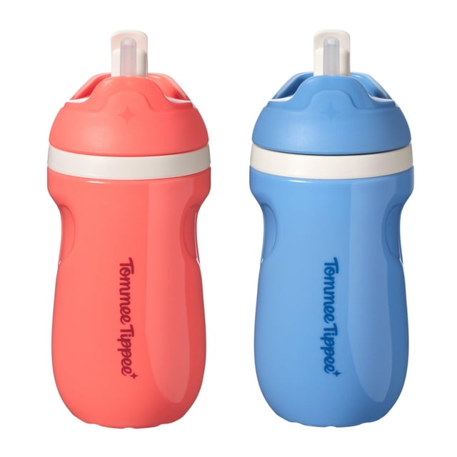 Vaso con Pajita Tommee Tippee para Niños, Aislante y Antiderrames, Boquilla Resistente a Mordidas, Tapa Abatible, 9 oz, 12+ Meses, Pack de 2 Azul y Rojo
