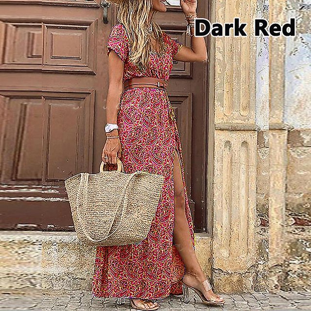 Vestido largo bohemio de verano 2022 para mujer, vestido largo informal con estampado de Cachemira y cinturón, elegante vestido de playa de manga corta con cuello de pico para mujer, Vestidos ADark redM
