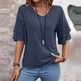 thumbnail image 4 of QHWAUAKFBN T Shirts For Women Trendy Summer Solid Color V Neck Tee With Double Layer Flared Mid Sleeves Loose Fit Tshirts Top, 4 of 6