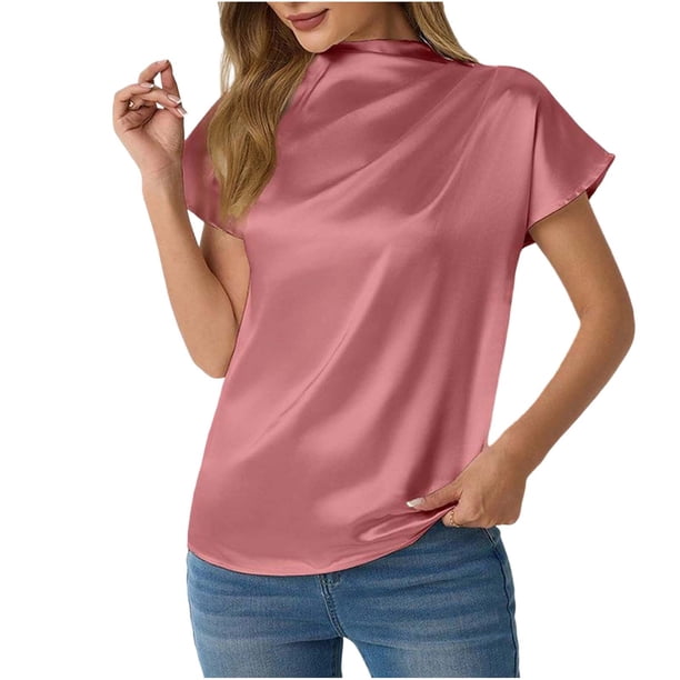 Camisetas de Manga Corta de Cuello Alto para Mujeres Moda Casual Primavera Cuello Redondo Medio Cuello Alto Hombro Izquierdo Plisado Superior