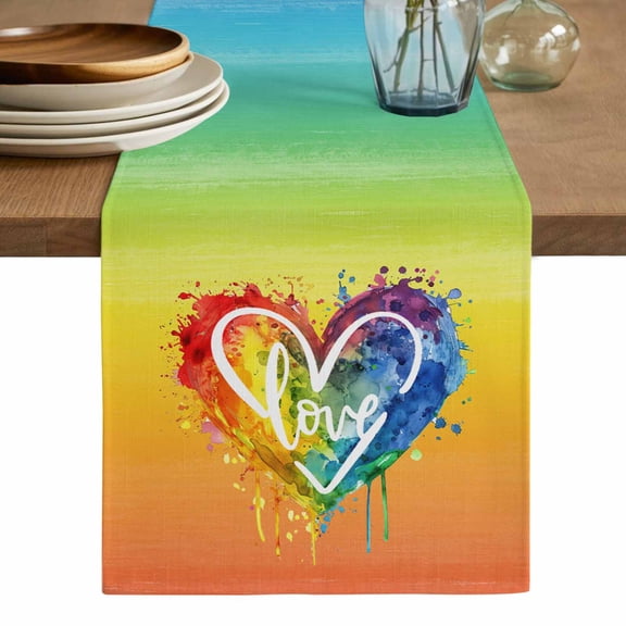 Colorful Love Heart Table Runner, Watercolor Striped Rainbow Washable Cotton Linen Table Runners 108 Inches Long, Dresser Scarf Runner for Dining/Living Room/Kitchen/Square Tables 13''x108''