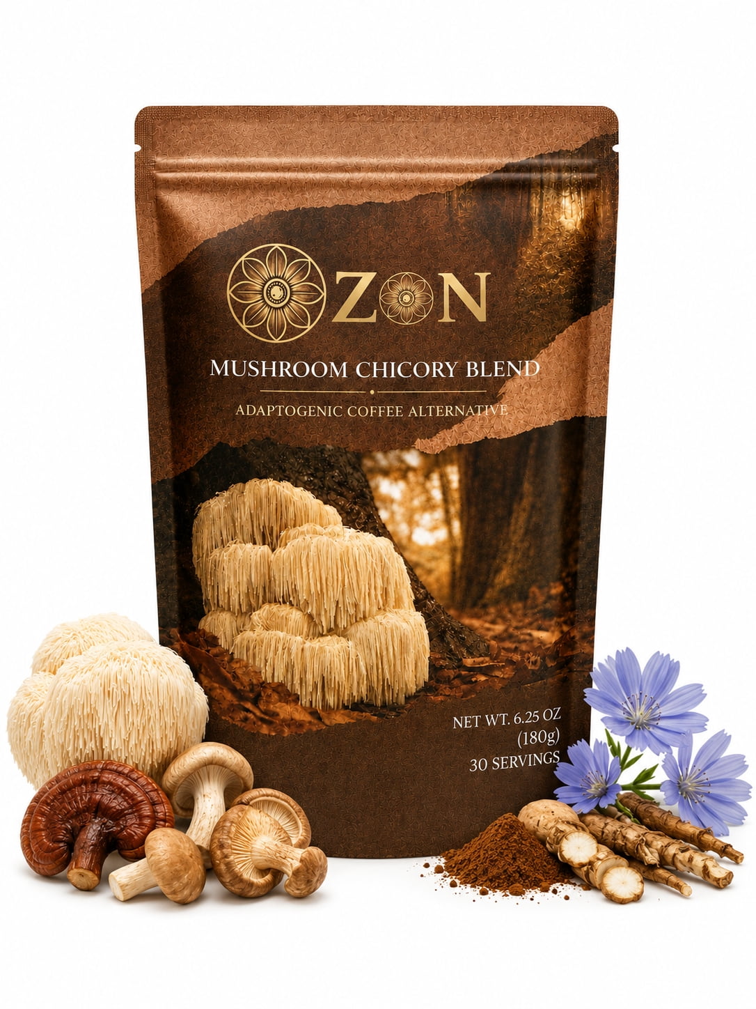 ZON Mushroom Coffee Alternative, Caffeine Free Instant Chicory Blend with Lions Mane, Reishi, Cordyceps, Turkey Tail, Shiitake & King Trumpet, MCT + Coconut Oil Powder,  180g (30  Servings)