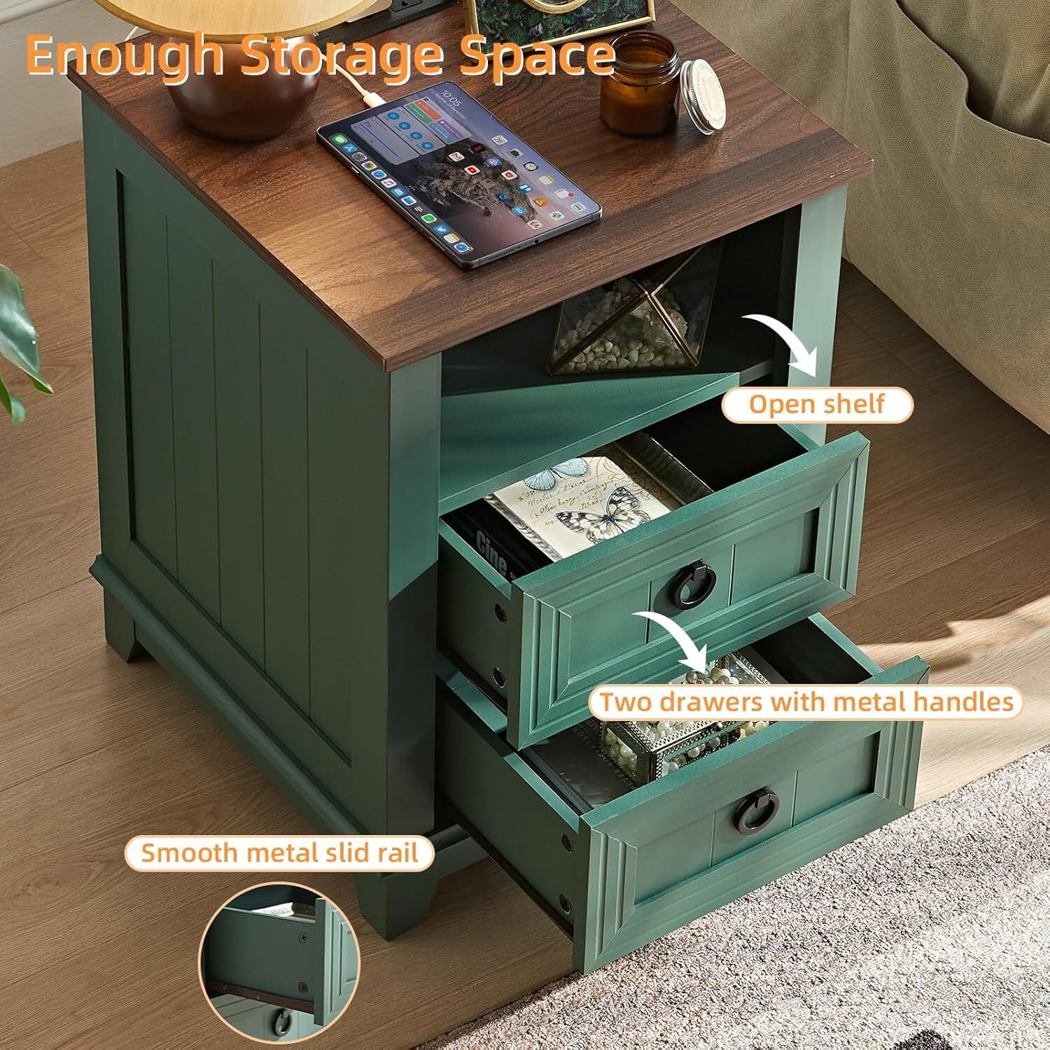 2 Pcs Joaxswe Farmhouse 18" Nightstand with Charging Station, Rustic Metal Wood End Tables with 2 Drawers, Adult Side Tables for Living Room, Green