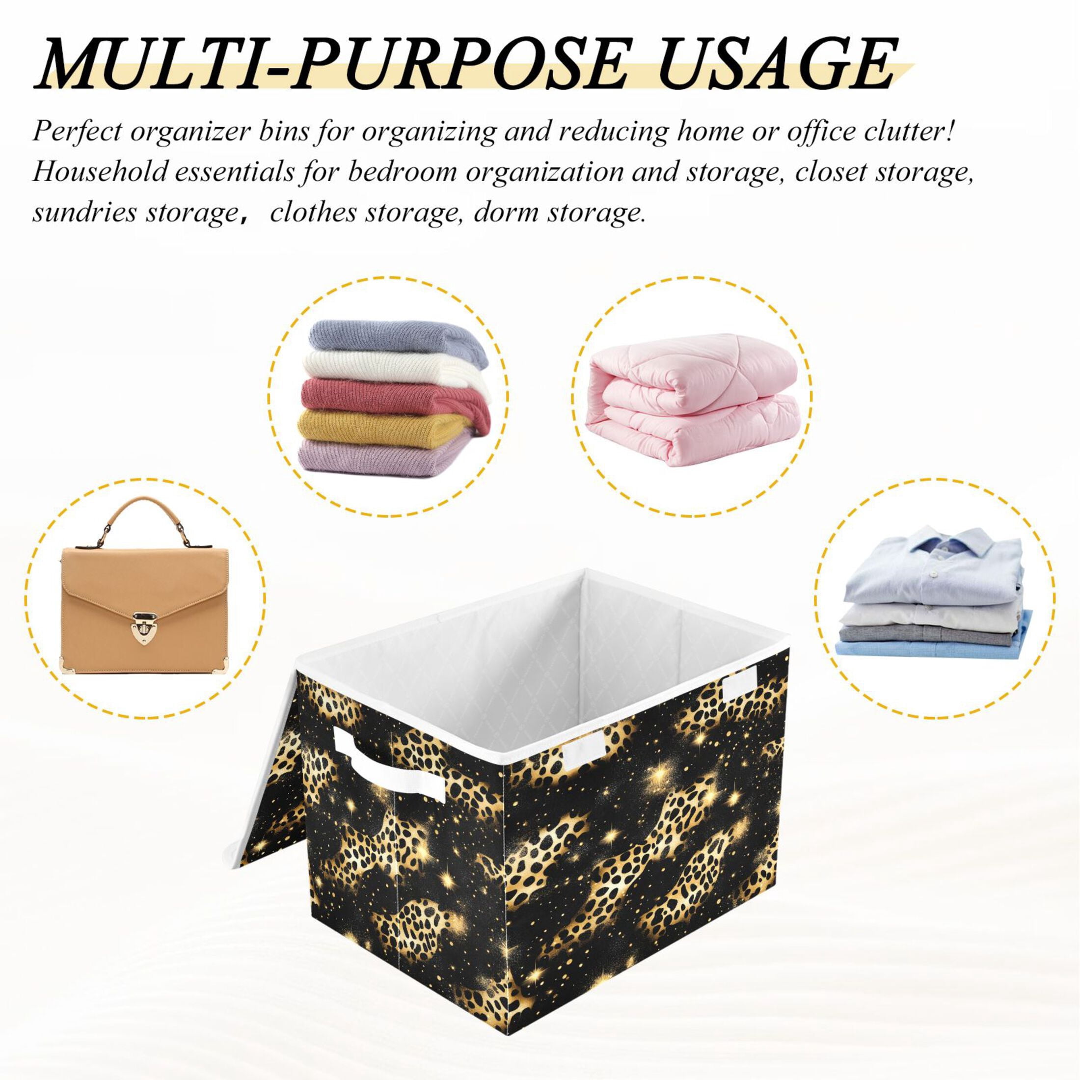Ryvnso Golden Leopard Print Large Lidded Foldable Storage Baskets Cubes Boxes Lids Bin for Home