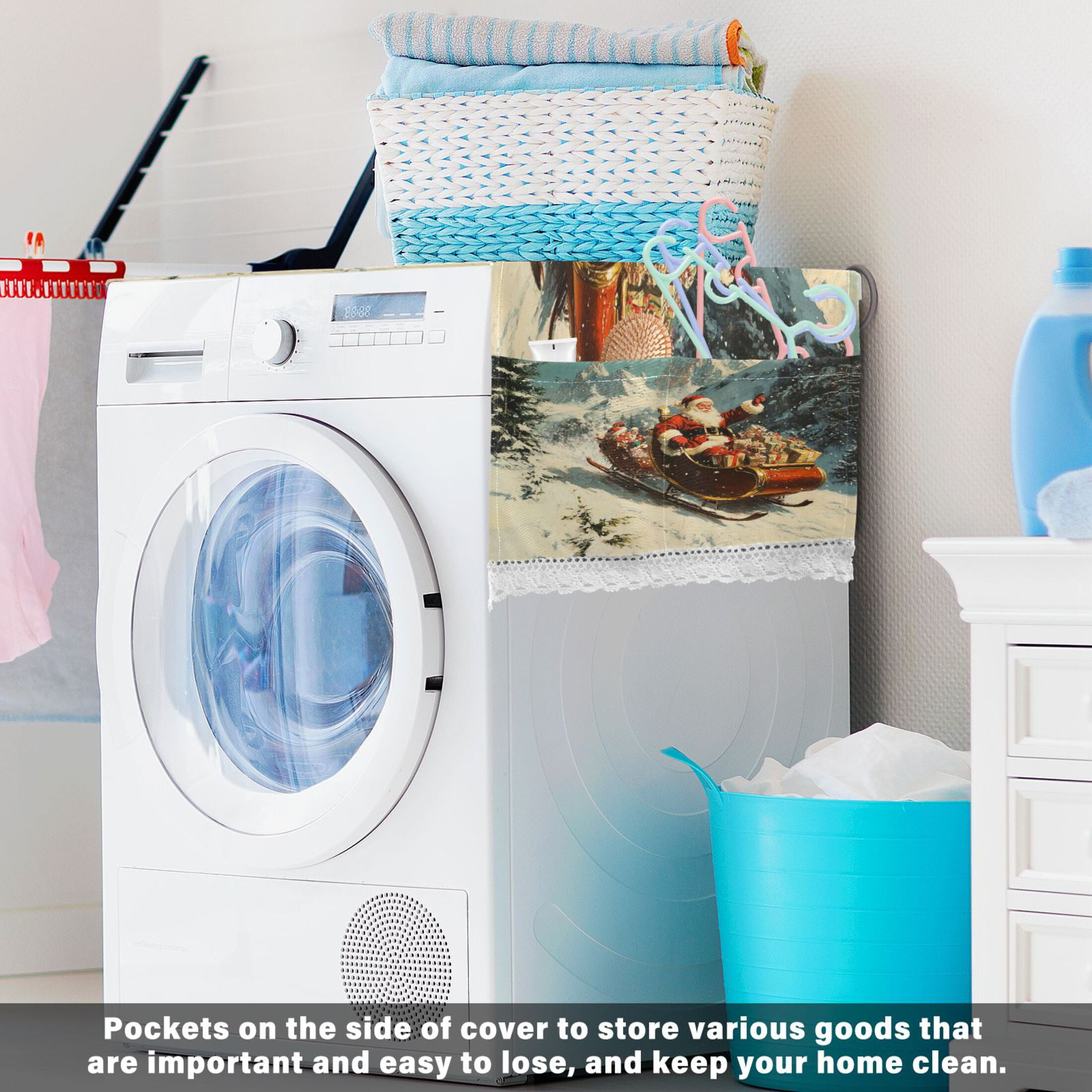 Santa Claus Giving Presents Washer and Dryer Covers Dust-Proof and Oil Resistant Fridge Cover with 4 Storage Pockets Washing Machine Top Cover for Laundry Kitchen Home 51.2 x 22 In
