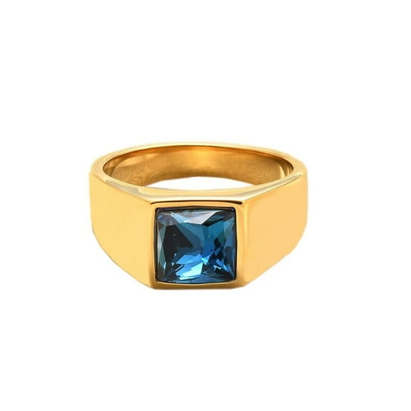 PAURO Men's Women's Stainless Steel Retro Square Cubic Zirconia Rings Simple Thumb Pinky Ring Gold Dark Blue Size 9