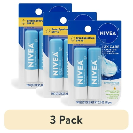 (3 pack) NIVEA Smoothness Lip Care SPF 15 Lip Balm with Shea Butter, Vitamins C & E, 0.17 oz, 2 Pack