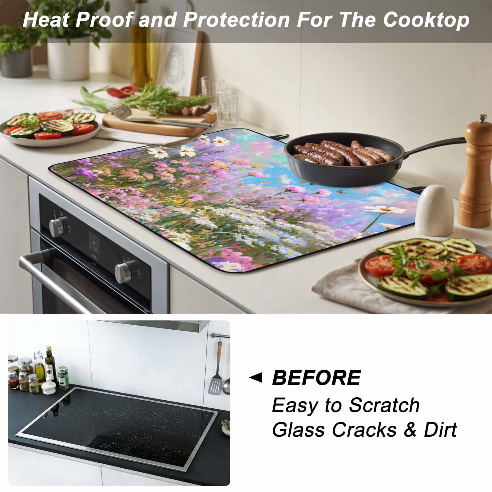 Wildflowers Stove Top Cover for Electric Stove, Heat-proof & Non Slip Glass Top Stove Cover Protector, Spring Country Oil Painting Floral Plant Kitchen Flat Cooktop Rubber Mat 28.5x20.5 Inches
