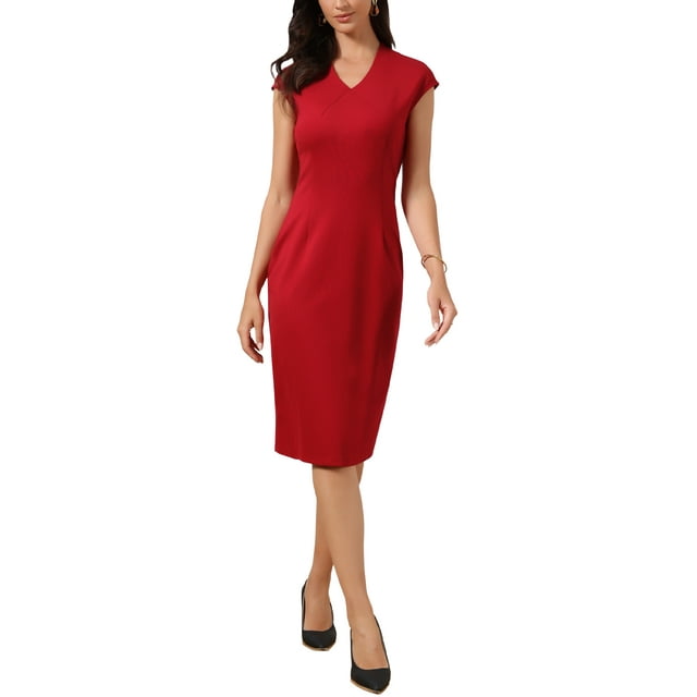 INSPIRE CHIC Robe de Travail pour Femmes Col en V Sans Manches Bureau Affaires Élégante Moulante Fourreau m Rouge