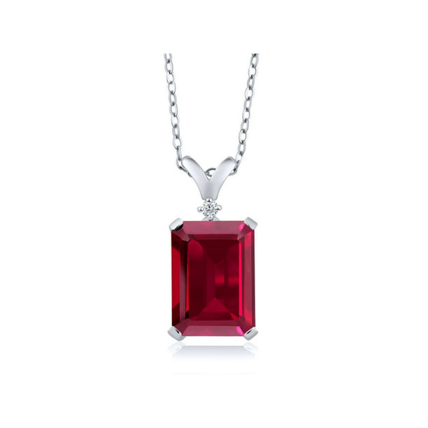 Gem Stone King 925 Sterling Silver Red Created Ruby and White Diamond  Pendant Necklace 8.02 Cttw Emerald Cut with 18 inch Silver Chain