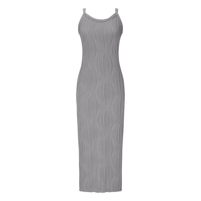 Summer Dress Plus Size Sleeveless Crew Neck Women Casual Maxi Bodycon Party  Wedding Guest Dress Gray XXL
