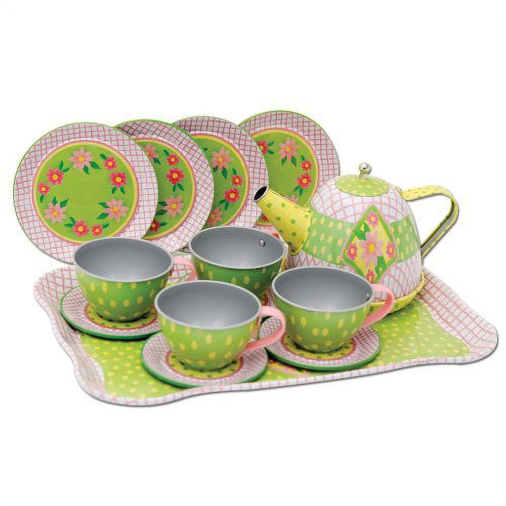 Schylling 15 Pieces Children Tin Play Tea Set, Multi-color