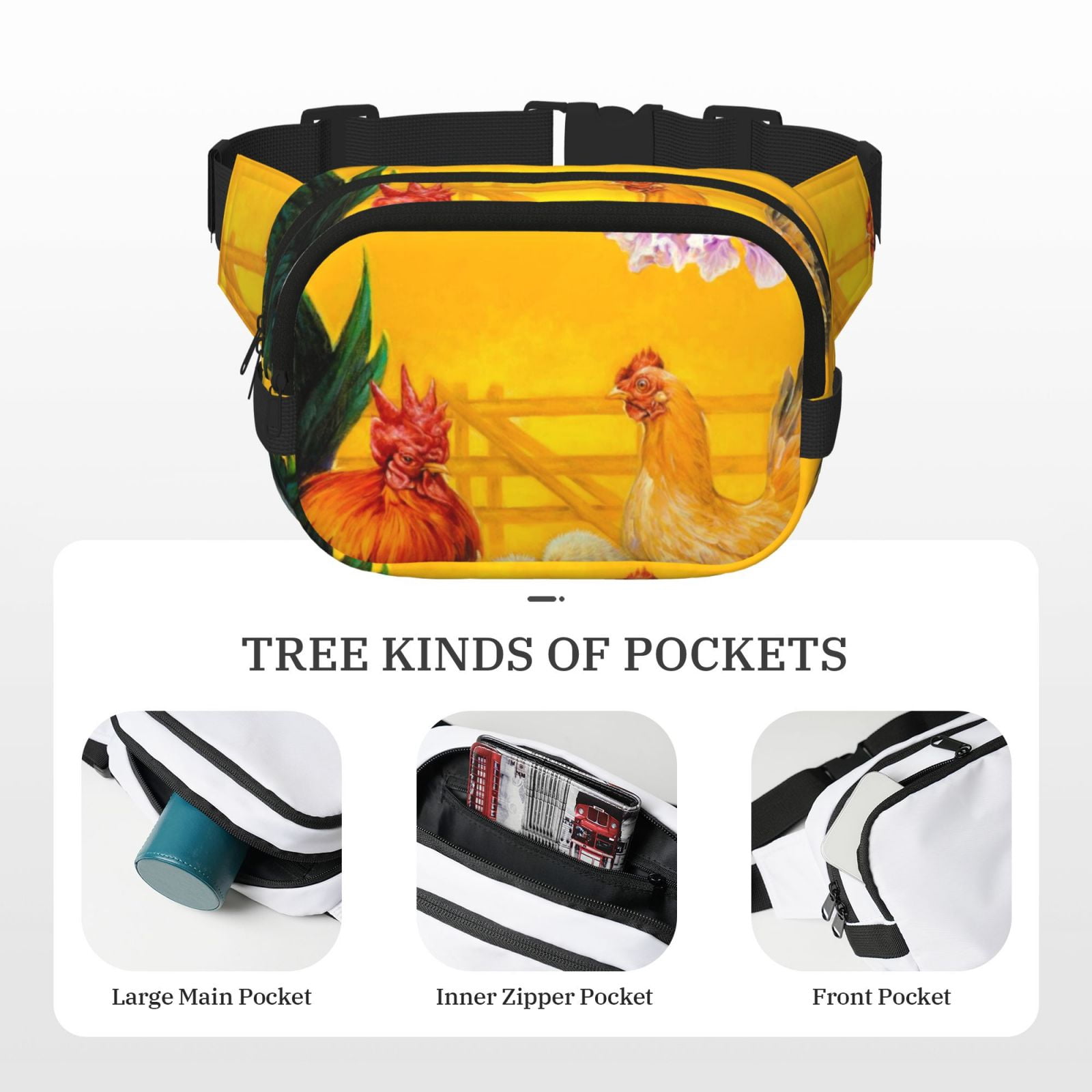 Picia The Chicken Family Print Square Double-Layer Waist Bag Mini Adjustable Waist Belt Bag Exercise Running Travel Hiking