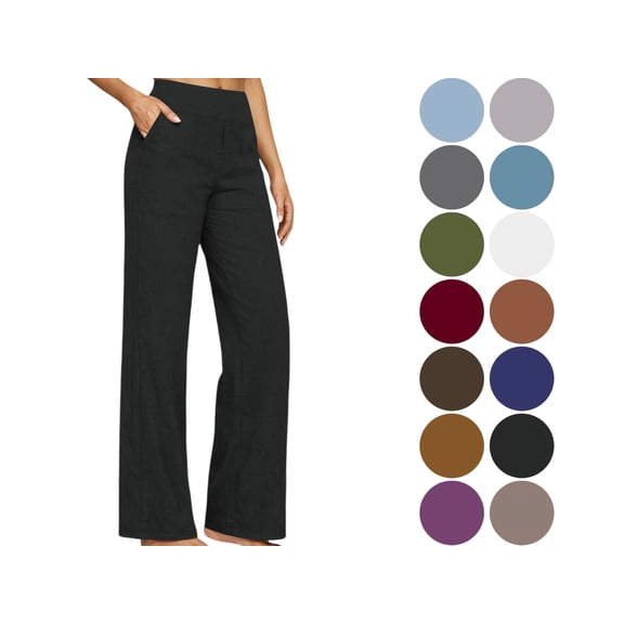 Womens Pants Casual Loose Cotton-Linen Wide Leg Drawstring Elastic Waist Solid Color Pockets Long Pants