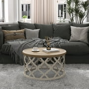 Bestco 30in Round French Country Coffee Table, Farmhouse Coffee Table, Distressed Wood Tray Top Vintage Coffee Table with Storage Shelf, Beige
