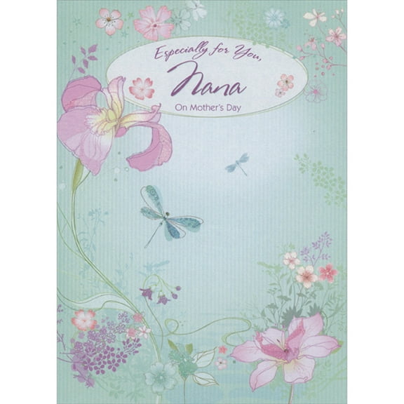 Designer Greetings Pink Flowers and Blue Dragonflies on Light Green Background Mother's Day Card for Nana