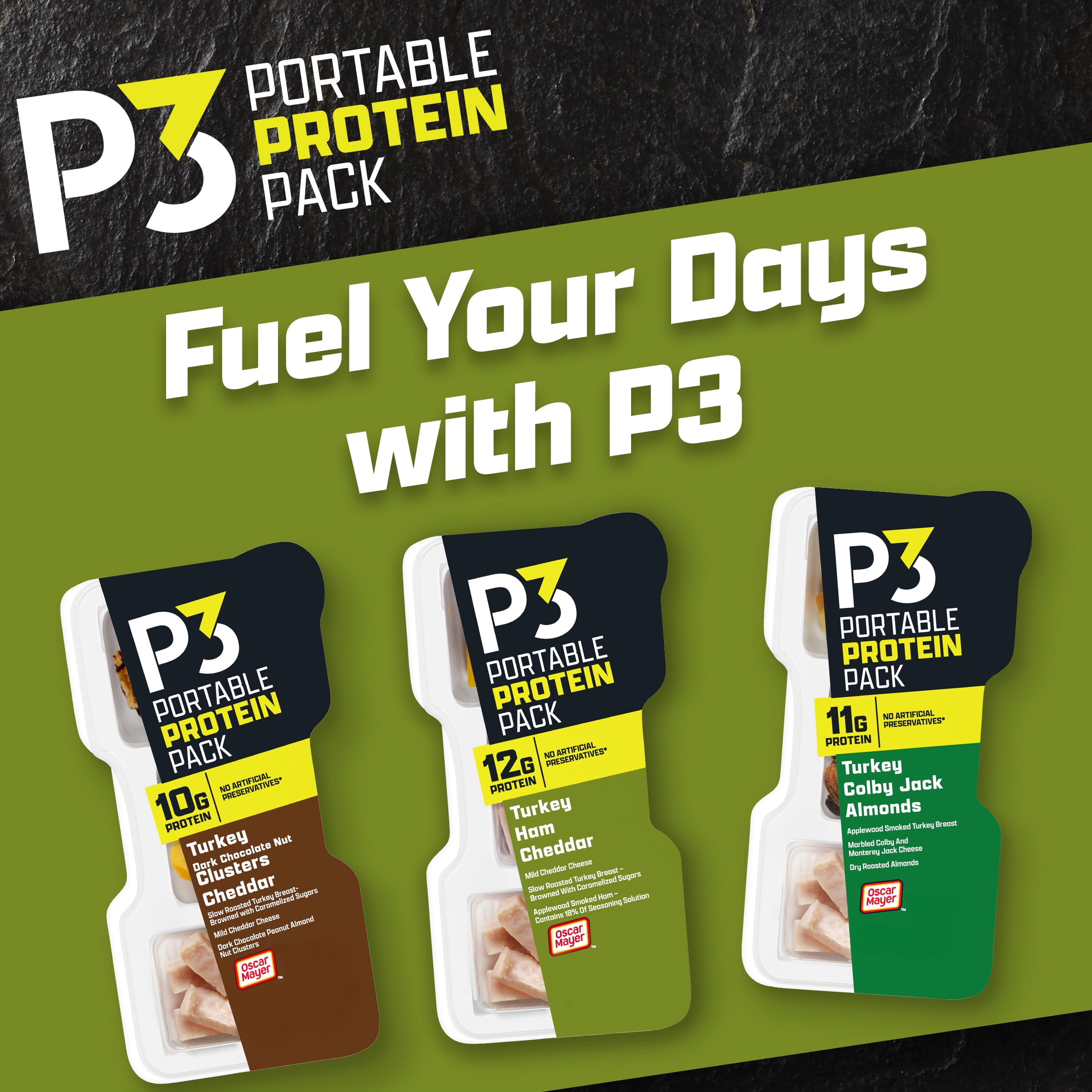 P3 Portable Protein Snack Pack with Turkey, Ham & Cheddar Cheese, 2.3 oz Tray