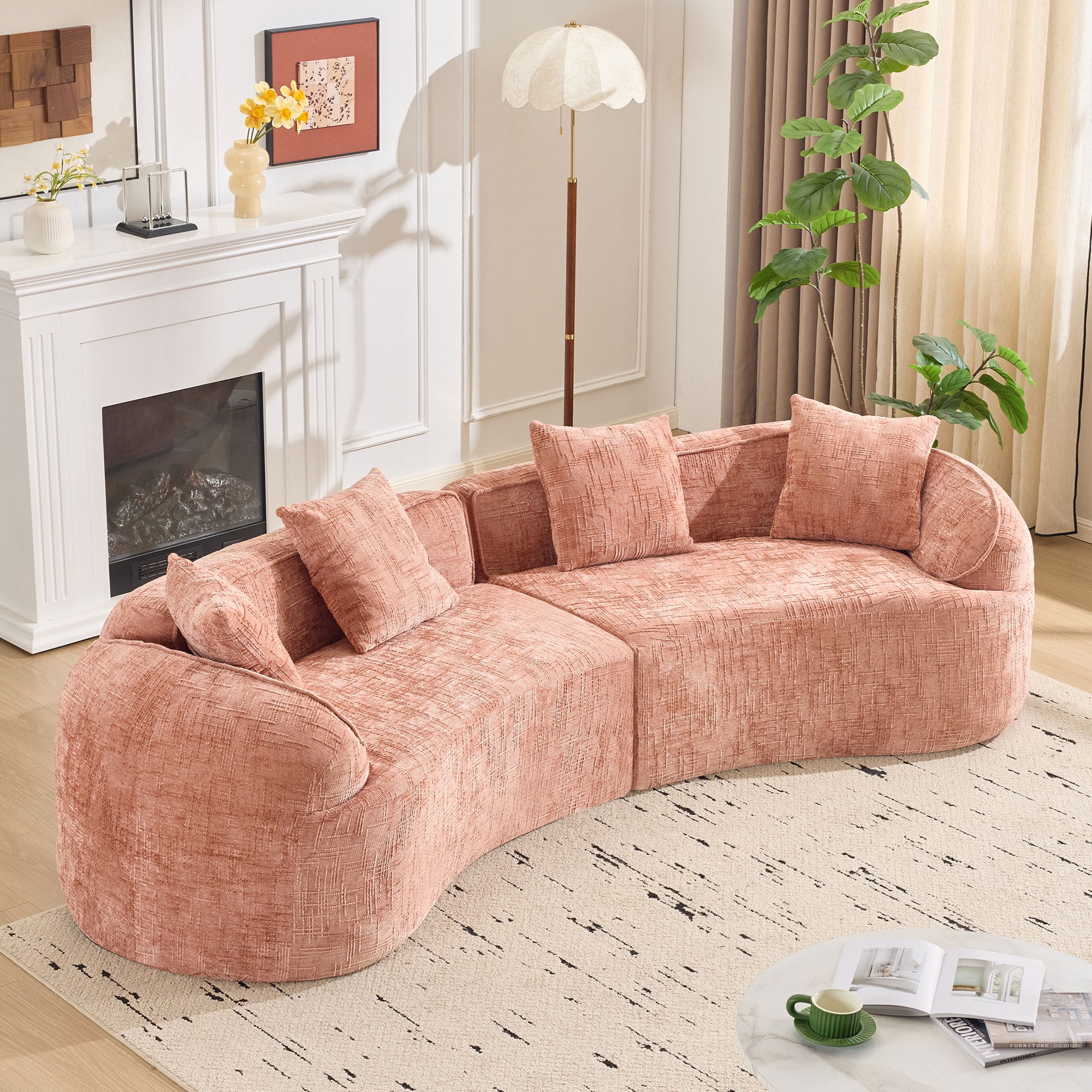 Curved Sofa, Pink Compressed Chenille Sectional with Soft Fabric and Foam Spring Support, Modern 109-Inch Multi-Seater for Apartment Living Room