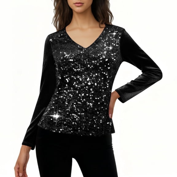 Cadancy Womens Sequin Top Sparkly Velvet V Neck Long Sleeve Shirts Pullover Tunic Tops Fashion Dressy Evening Party Night Out Concert Glitter Outfits