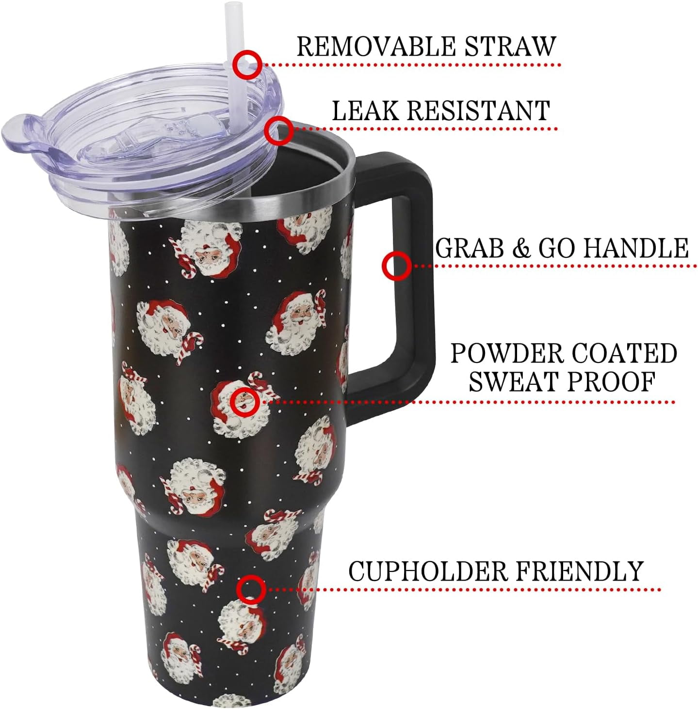 Christmas Santa Black Polka Dots Tumbler with Handle and Straw Lid 40 oz,Cute Christmas Gifts for Women Vacuum Insulated Leak Proof Tumbler,Winter Holiday Accessories Stainless Steel Coffee Cup Mug