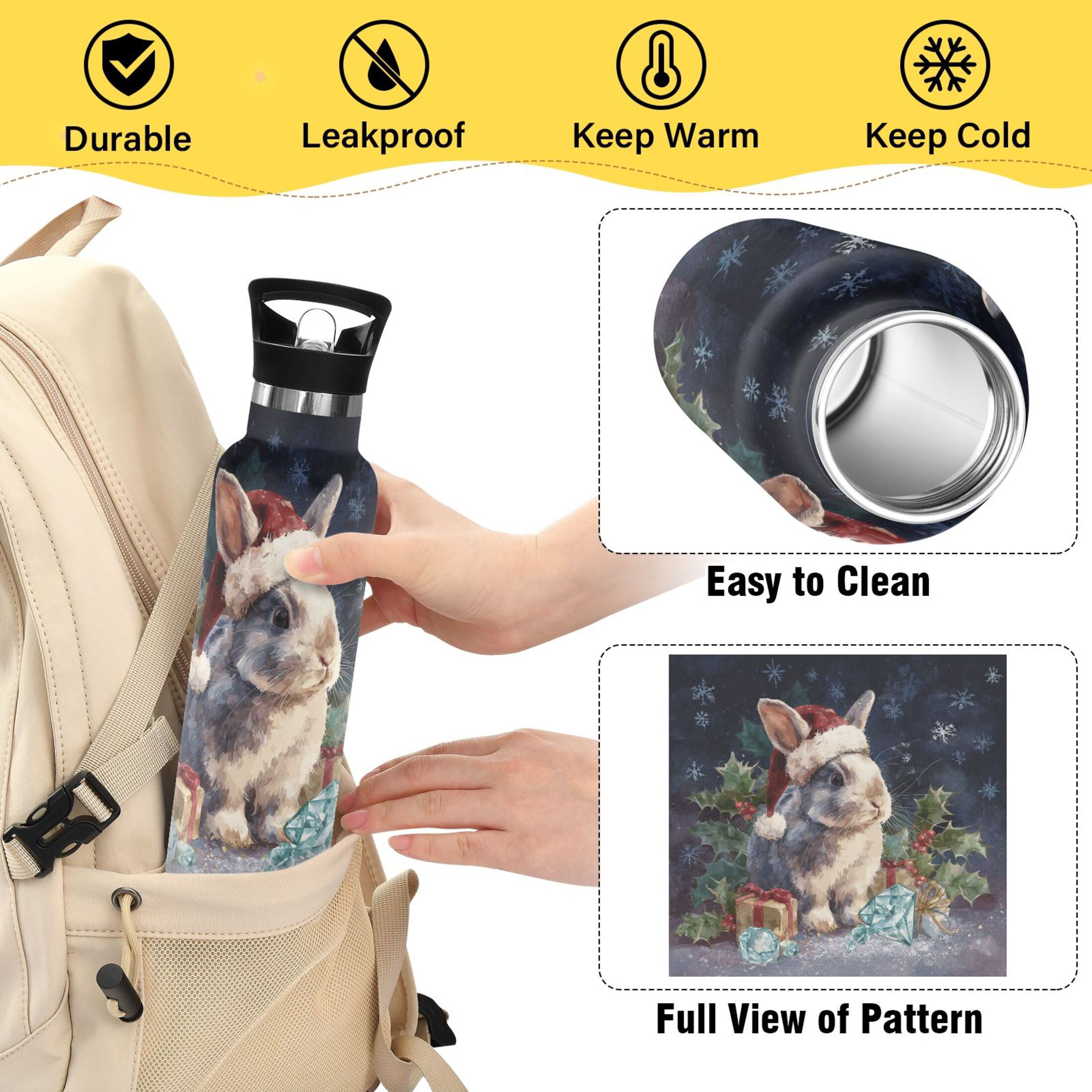 600ML Stainless Steel Insulated Cup Sports Water Bottle Portable Thermos Cup Water Glasses Insulated Tumblers Convenient and Durable Warm Christmas Rabbit Cartoon