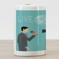 thumbnail image 3 of Paparazzi Ceramic Toothbrush Holder, Live News with Cameraman and Reporter Broadcasting Journalism, Decorative Versatile Countertop for Bathroom, 4.5" X 2.7", Turquoise Grey, 3 of 4