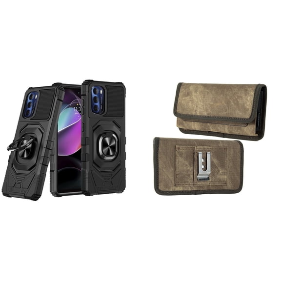 Case with Belt Holster Bundle for Moto G Stylus 5G 2022: Heavy Duty Shield Cover (Black) and Rugged Denim Nylon Phone Pouch (Tan Brown)