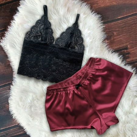 

Uorcsa Midnight Lace Sling Fashion Erotic 2Piece V Neck Sleepwear Women Temptation Lingerie Sets Wine