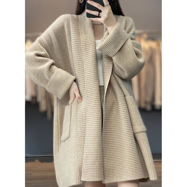 Cárdigan de punto coreano de otoño e invierno de longitud media a larga para mujer, suéter grueso de color sólido y cuello suelto