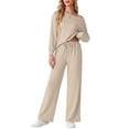 thumbnail image 5 of JWD Women's Off Shoulder 2 Piece Knit Matching Set Long Sleeve Pullover Top with Drawstring Wide Leg Pants Oatmeal L, 5 of 6