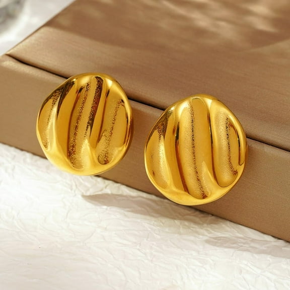 1 pair Stylish Stainless Steel Flat Round Striped Button Stud Earrings Golden 27.38x25.46mm
