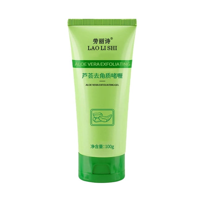 wartleves gel exfoliante de aloe vera exfoliantes faciales exfoliante facial de limpieza profunda 100g, tubo frontal verde claro con tapa verde oscuro y texto bilingüe; gel con extracto de aloe vera que exfolia, reduce poros, hidrata y suaviza la piel; recomendado para masajear cara y cuello y enjuagar. También suele usarse para suavizar áreas ásperas como codos y rodillas.