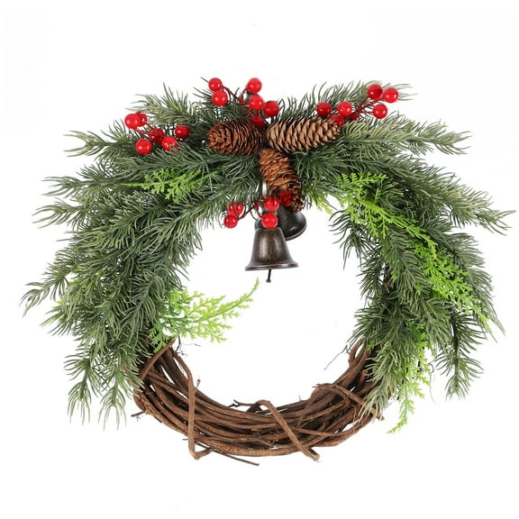 Christmas sale! 12" Farmhouse Christmas Wreath, Boho Wreath Winter Holiday Wreath for Front Door Mixed Berry and Pine Cone Wreath with Christmas Good Luck Bell Festival Grapevine Wreath Xmas Decor