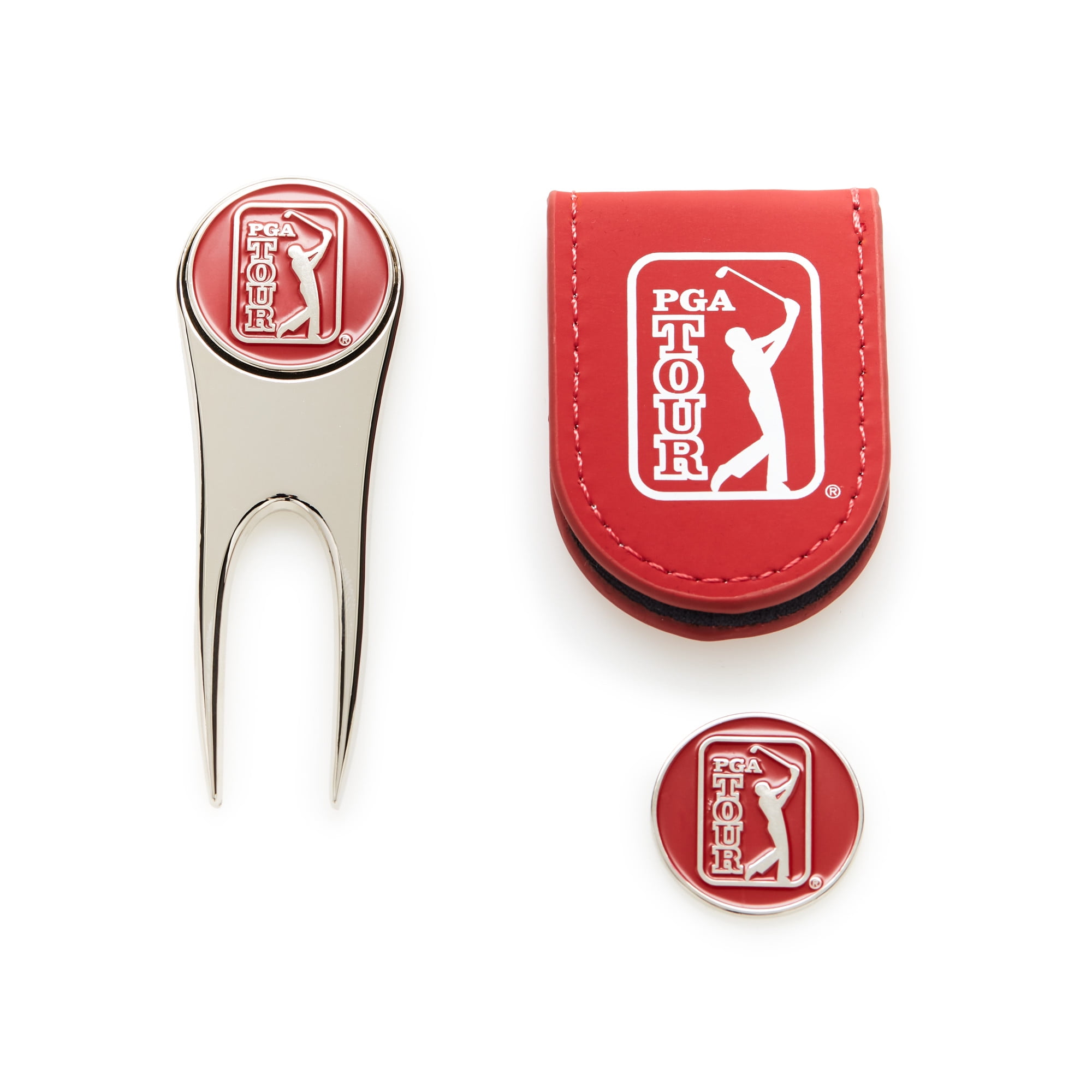 PGA Tour Golf Magnetic Closure Pocket Clip Tin Set With Ball Marker, Red