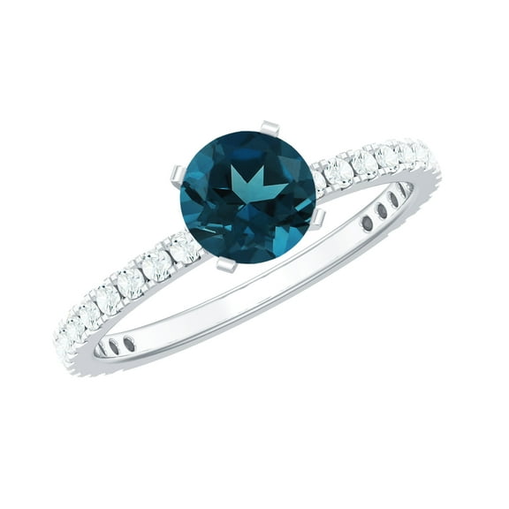 Rosec Jewels London Blue Topaz Engagement Ring 1 Carat - (7 mm Round, AAA Quality Certified) Real Blue Topaz and Diamond Ring, 925 Sterling Silver, US 4.00