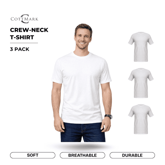 Cottmark Men’s Crew Neck Classic Soft T-Shirt, White, Size L, 3-Pack