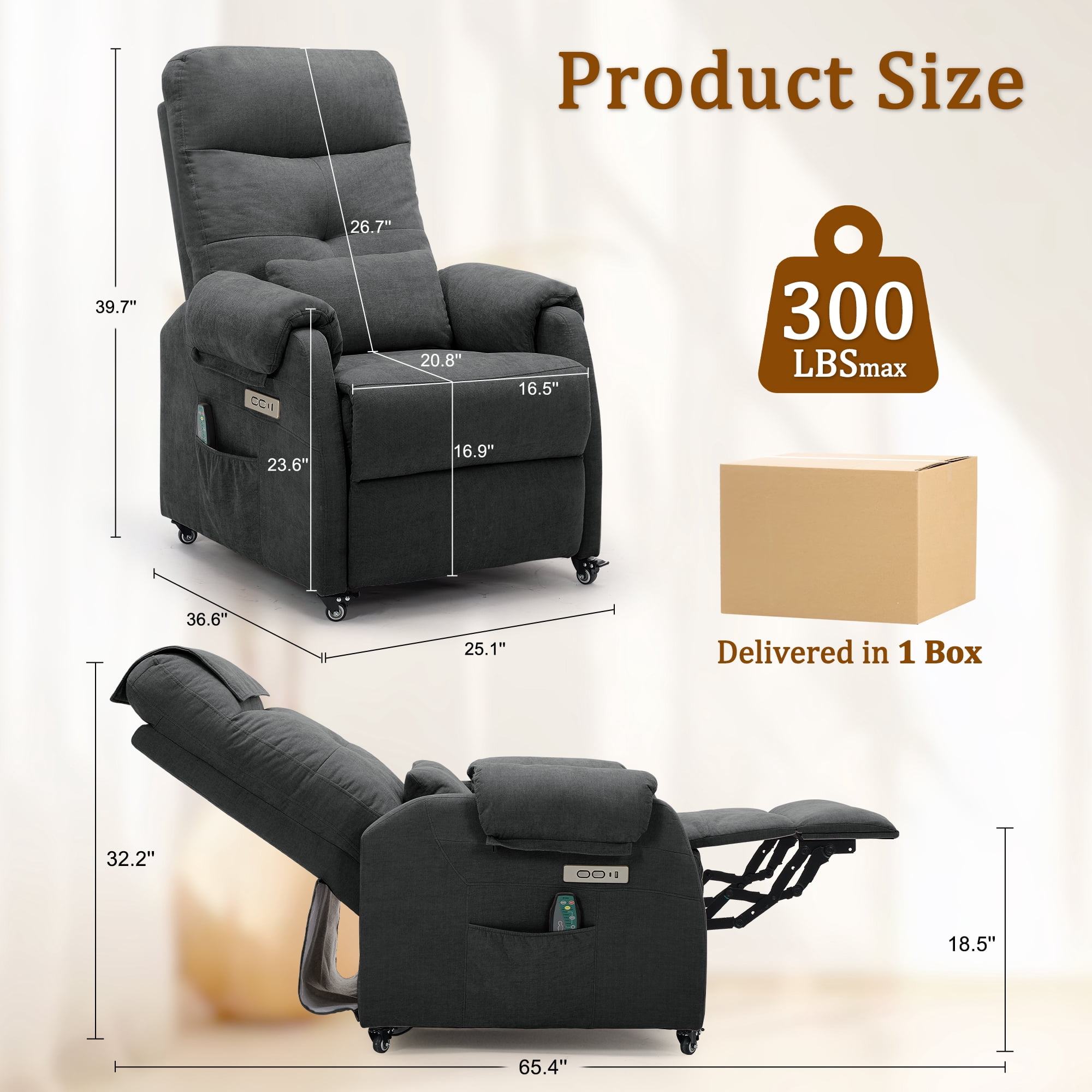 Korser Power Small Recliner Chair for Small Spaces with Wheels and USB Ports for Living Room,Dark Gray