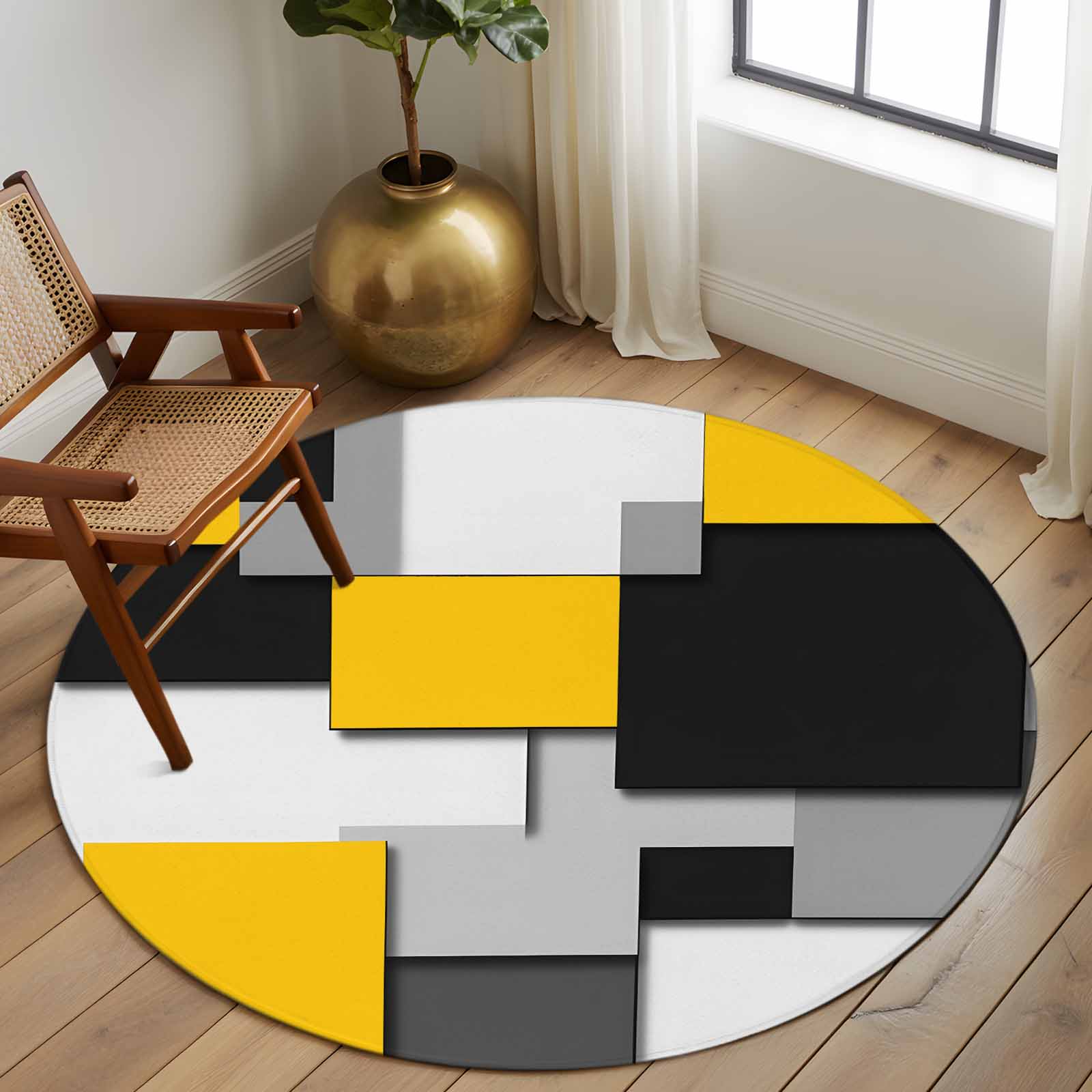 Round Rugs 6 Ft, Yellow Grey Black Geometric Non Slip Area Rugs for Kitchen Bedroom Entryway, Modern Abstract Art Washable Carpet Runner Rug Floor Mats for Bedroom Home Decor