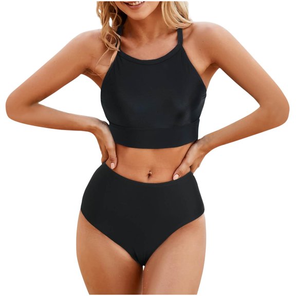 UTSJKR Women High Waisted Bikini Two Piece Swimsuits High Neck Crop Top Racerback Sporty Bathing Suits for Teen Girls Black L