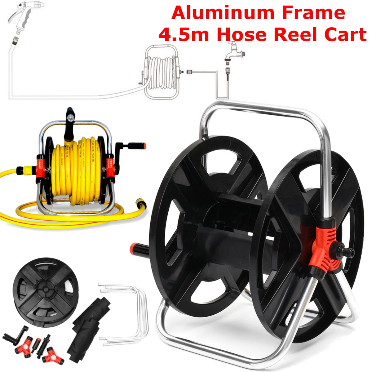 Aluminium Garden Water Hose Reel Stand Holds 45M 1/2'' (12mm) Water