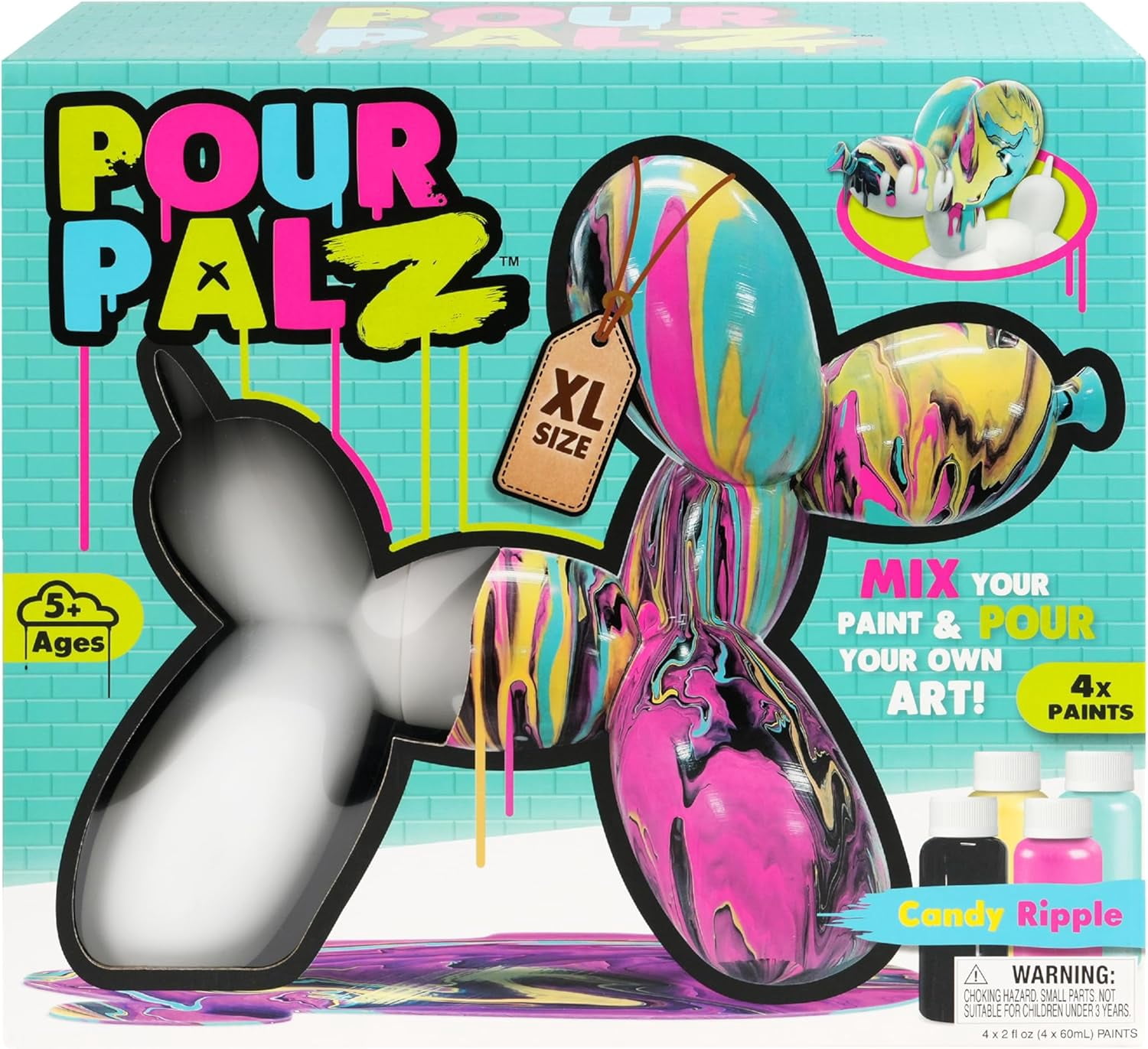 Pour Palz DIY Paint Pouring Kit – 1 XL Balloon Dog, 4 Acrylic Pour Paints, Mixing Cups & Tools, Create Unique Marbled Art, Fun Hands-On Craft Kit for Kids & Adults, Candy Ripple, Ages 5+